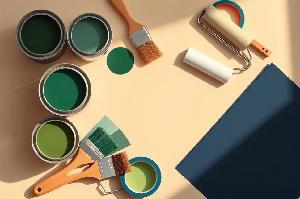Pots de peinture, nuancier, brosses et rouleaux disposés à plat