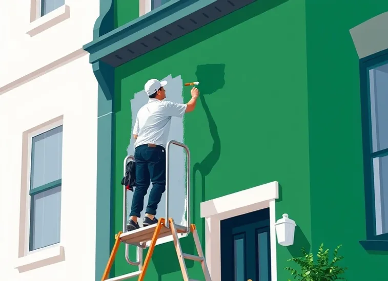 Peintre sur échafaudage traitant la façade d'une maison