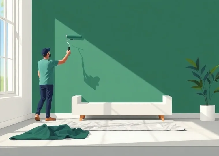 Peintre appliquant la peinture au rouleau sur un mur de salon